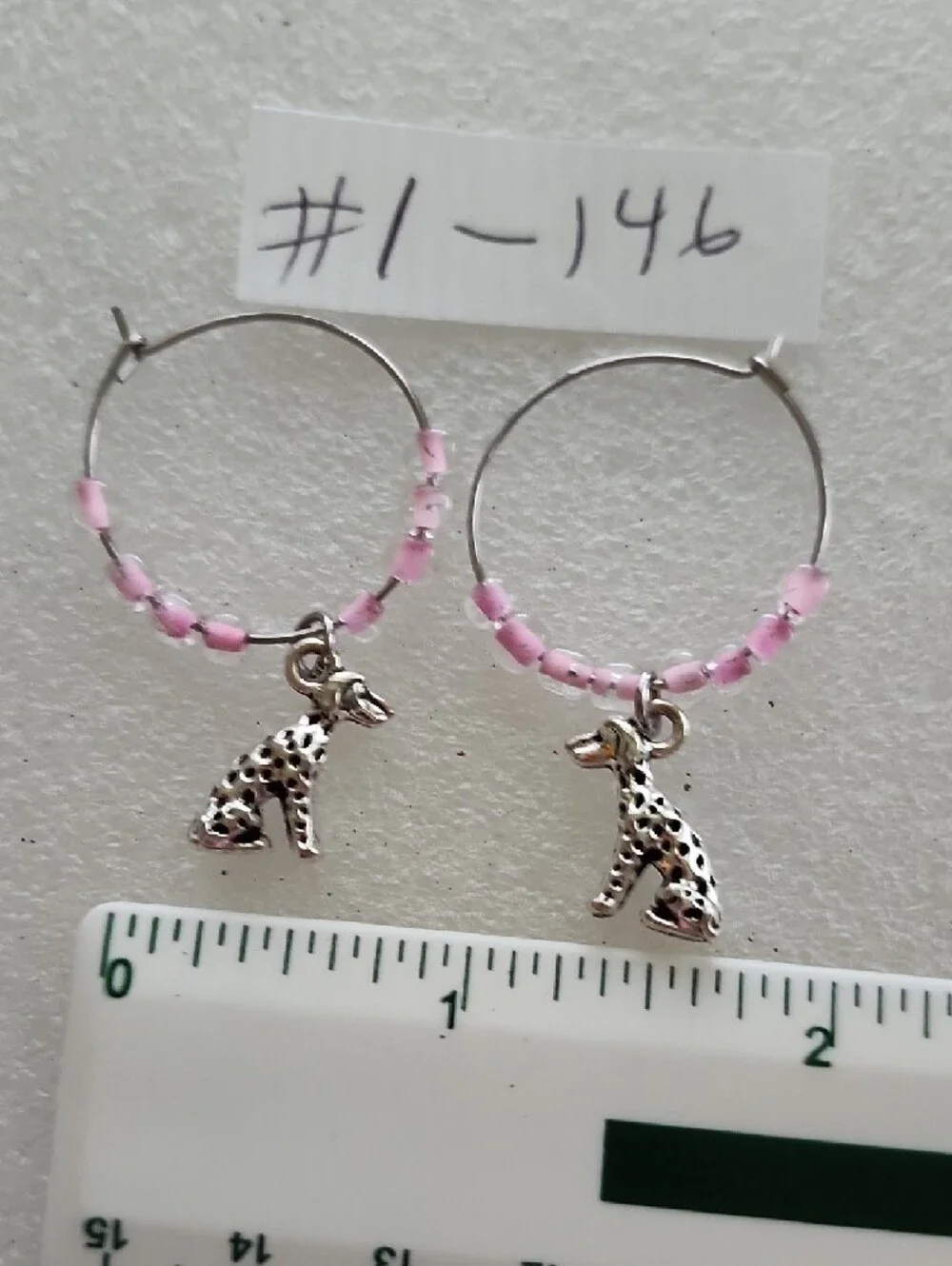 Hand Crafted Pink Beaded Hoop Earrings with Silver Dog Charms